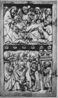 Wing, left (fragment of a diptych), 2 registers, bands of rosettes (décor de roses) (Front)