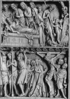 Wing, left (fragment of a diptych), 2 registers, band of rosettes (décor de roses) (Front)