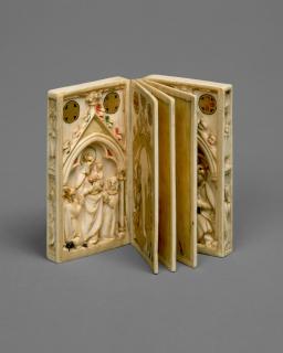 Booklet of 3 writing tablets (including 2 painted panels) with 2 double-sided carved covers (5 leaves; tablettes à écrire; colonnettes)