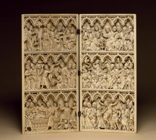 Wing, left (part of a diptych), 3 registers, 5 arches across, bands of roses (frise d'arcatures; décor de roses) (Front)