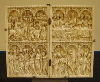 Diptych, 2 registers, 3 arches across, bands of rosettes (frise d'arcatures; décor de roses) (Front)