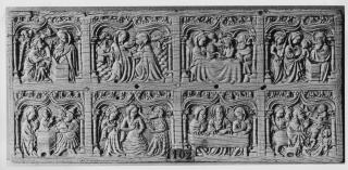 Panel (fragment of a casket), 2 registers, 4 ogee arches across (coffret) (Front)