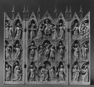 Triptych with gables, 3 registers, with arches across (frise d'arcatures; colonnettes) (Front)