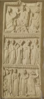 Wing, left (part of a diptych), 3 registers, bands of rosettes (décor de roses) (Front)