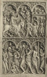 Diptych, 2 registers, 3 arches across, bands of rosettes (frise d'arcatures; décor de roses) (Wing, left)