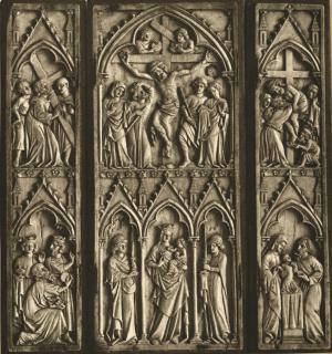 Triptych, 2 registers, with arches and bands of rosettes (frise d'arcatures; décor de roses; colonnettes) (Front)