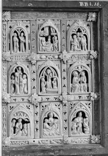 Openwork diptych, 3 registers, 3 arches across (frise d'arcatures; colonnettes; ajouré); known as the portable altar of king Christian I (Wing, left)