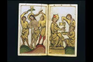 Devotional booklet, with covers, 1 register, 2 arches across and 6 painted panels (frise d'arcatures; plaquette) (Folios 2v-3r)