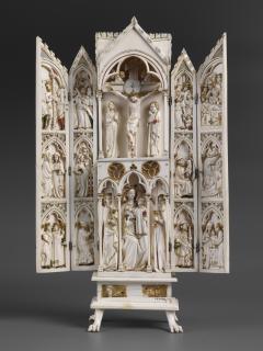Gabled polyptych, 2 registers, with arches (tabernacle; colonnettes; frise d'arcatures) (Front, open)