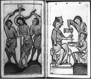 Devotional booklet, with covers, 1 register, 2 arches across and 6 painted panels (frise d'arcatures; plaquette) (Folios 2v-3r)