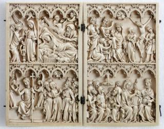 Diptych, 2 registers, 5 arches across (frise d'arcatures; colonnette) (Front, open)