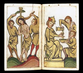 Devotional booklet, with covers, 1 register, 2 arches across and 6 painted panels (frise d'arcatures; plaquette) (Folios 2v-3r)