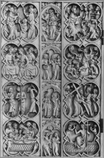 Diptych, 4 registers, with quatrefoils and arches (quatre-feuilles) (Wing, left)
