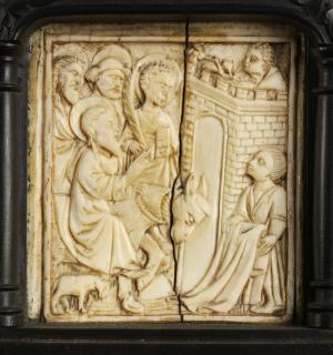 40 panels, 1 register, 1 ogee arch across; inserted in a wooden cabinet (Row 3, panel 6)