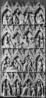 Gabled panel (wing, left; fragment of a diptych), 4 registers, 4 arches across (frise d'arcatures) (Front)
