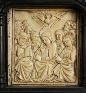 40 panels, 1 register, 1 ogee arch across; inserted in a wooden cabinet (Row 1, panel 8)