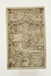 Lid of goldsmith scales and weights box, 1 register, 1 ogee arch across (boîte à poids et à balance; frise d'arcatures; plaquette) (Front)