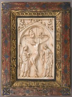 Wing, right (fragment of a diptych), 1 register, 1 arch across (plaquette), reused as part of the binding of a book (Front)