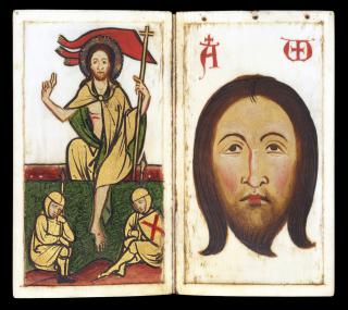 Devotional booklet, with covers, 1 register, 2 arches across and 6 painted panels (frise d'arcatures; plaquette) (Folios 4v-5r)