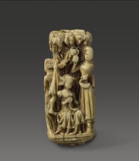 Knife handle, 4 sides (manche de couteau) (Side (lady making a wreath; youth and lady plucking flowers or fruits from a tree))
