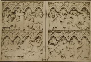 Diptych, 2 registers, 4 arches across, bands of rosettes (frise d'arcatures; décor de roses) (Front)
