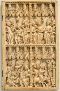 Wing, right (part of a diptych), 2 registers , 6 paired arches across, bands of rosettes (décor de roses; frise d'arcatures) (Front)