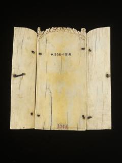 Rounded-top triptych (originally gabled triptych), 2 registers, 2 arches across and 3 arches across (frise d'arcatures; colonnettes) (Back, open)