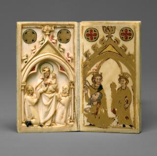 Booklet of 3 writing tablets (including 2 painted panels) with 2 double-sided carved covers (5 leaves; tablettes à écrire; colonnettes) (Leaves 1v-2r)