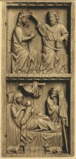 Wing, right (fragment of a diptych), 2 registers, bands of rosettes (décor de roses) (Front)