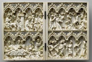 Diptych, 2 registers, 4 arches across, bands of rosettes (frise d'arcatures; décor de roses) (Front)