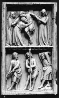 Wing, left (fragment of a diptych), 2 registers, bands of rosettes (décor de roses) (Front)
