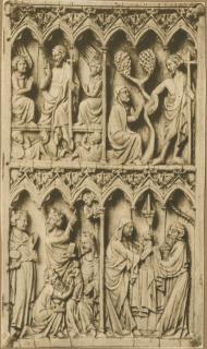Wing, right (fragment of a diptych), 2 registers, 6 arches across (frise d'arcatures, colonnettes) (Front)
