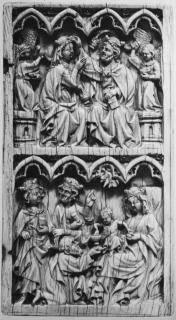 Wing, right (part of a diptych), 2 registers, 4 arches across, bands of rosettes (frise d'arcatures; décor de roses) (Front)