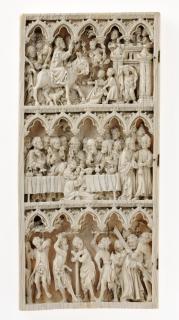 Wing, left (part of a diptych), 3 registers, 5 arches across, bands of roses (frise d'arcatures; décor de roses) (Front)