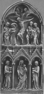 Rounded-top centre panel (fragment of a triptych), 2 registers, band of rosettes (colonnettes; décor de roses) (Front)