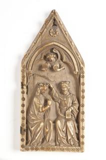 Gabled panel (fragment of a diptych; wing, right), 1 register, 1 arch across (baiser de paix) (Front)