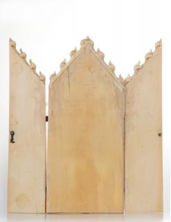 Gabled triptych, 2 registers, 1 arch across, bands of rosettes (colonnettes; décor de roses) (Back, open)