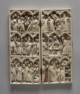 Diptych, 3 registers, 2 full and a half arches across (colonnettes; frise d'arcatures) (Front)