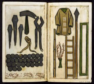 Devotional booklet, with covers, 1 register, 2 arches across and 6 painted panels (frise d'arcatures; plaquette) (Folios 6v-7r)
