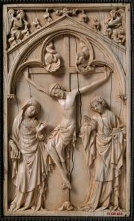 Wing, right (fragment of a diptych), 1 register, 1 arch across (plaquette), reused as part of the binding of a book (Front)