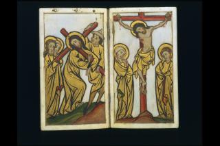 Devotional booklet, with covers, 1 register, 2 arches across and 6 painted panels (frise d'arcatures; plaquette) (Folios 3v-4r)