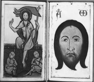 Devotional booklet, with covers, 1 register, 2 arches across and 6 painted panels (frise d'arcatures; plaquette) (Folios 4v-5r)
