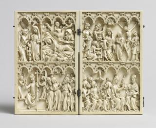 Diptych, 2 registers, 5 arches across (frise d'arcatures; colonnette) (Front, open)