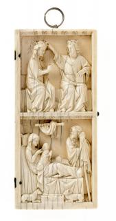 Wing, right (fragment of a diptych), 2 registers, bands of rosettes (décor de roses) (Front)