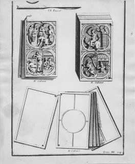 Complete set of writing tablets, 2 outer tablets, 2 registers, with quatrefoils and 4 inner tablets (tablettes à écrire) (Engraving)