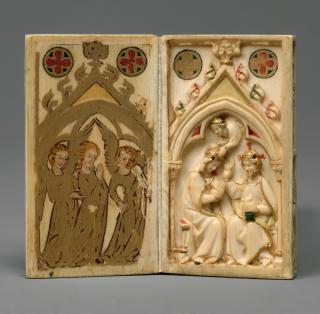 Booklet of 3 writing tablets (including 2 painted panels) with 2 double-sided carved covers (5 leaves; tablettes à écrire; colonnettes) (Leaves 4v-5r)