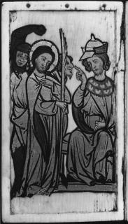 Devotional booklet, with covers, 1 register, 2 arches across and 6 painted panels (frise d'arcatures; plaquette) (Folio 1v)