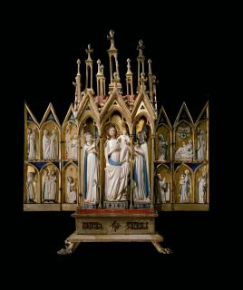 Gabled painted polyptych; reliefs in a wooden tabernacle (appliqués) (Front)