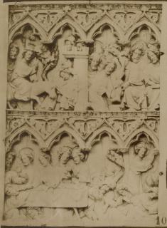 Diptych, 2 registers, 4 arches across, bands of rosettes (frise d'arcatures; décor de roses) (Wing, left)