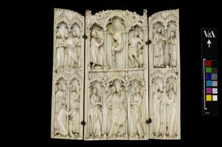 Rounded-top triptych (originally gabled triptych), 2 registers, 2 arches across and 3 arches across (frise d'arcatures; colonnettes) (Front)